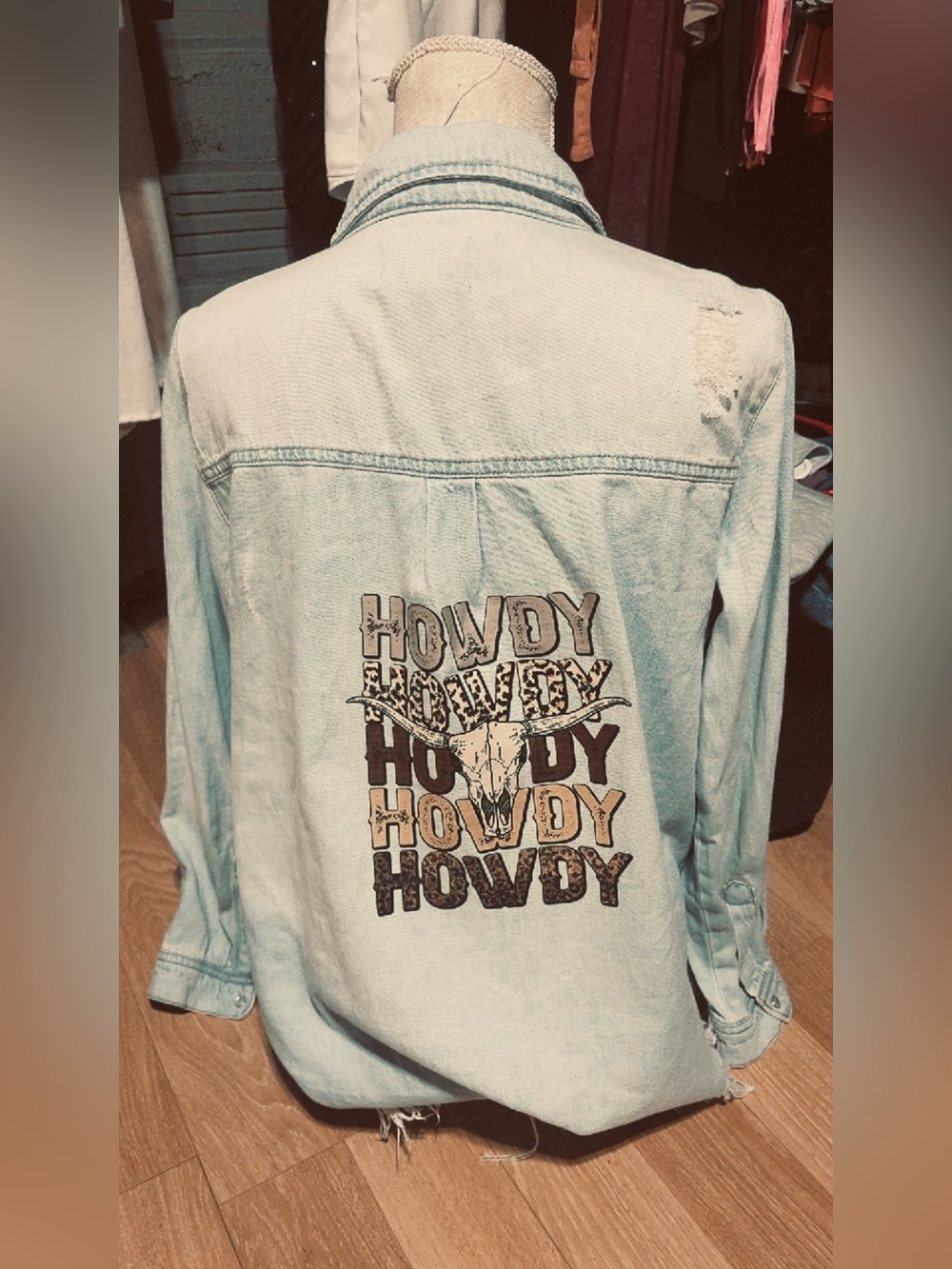 Light Blue Denim 'Howdy' Button-Up Jacket with Graphic Back